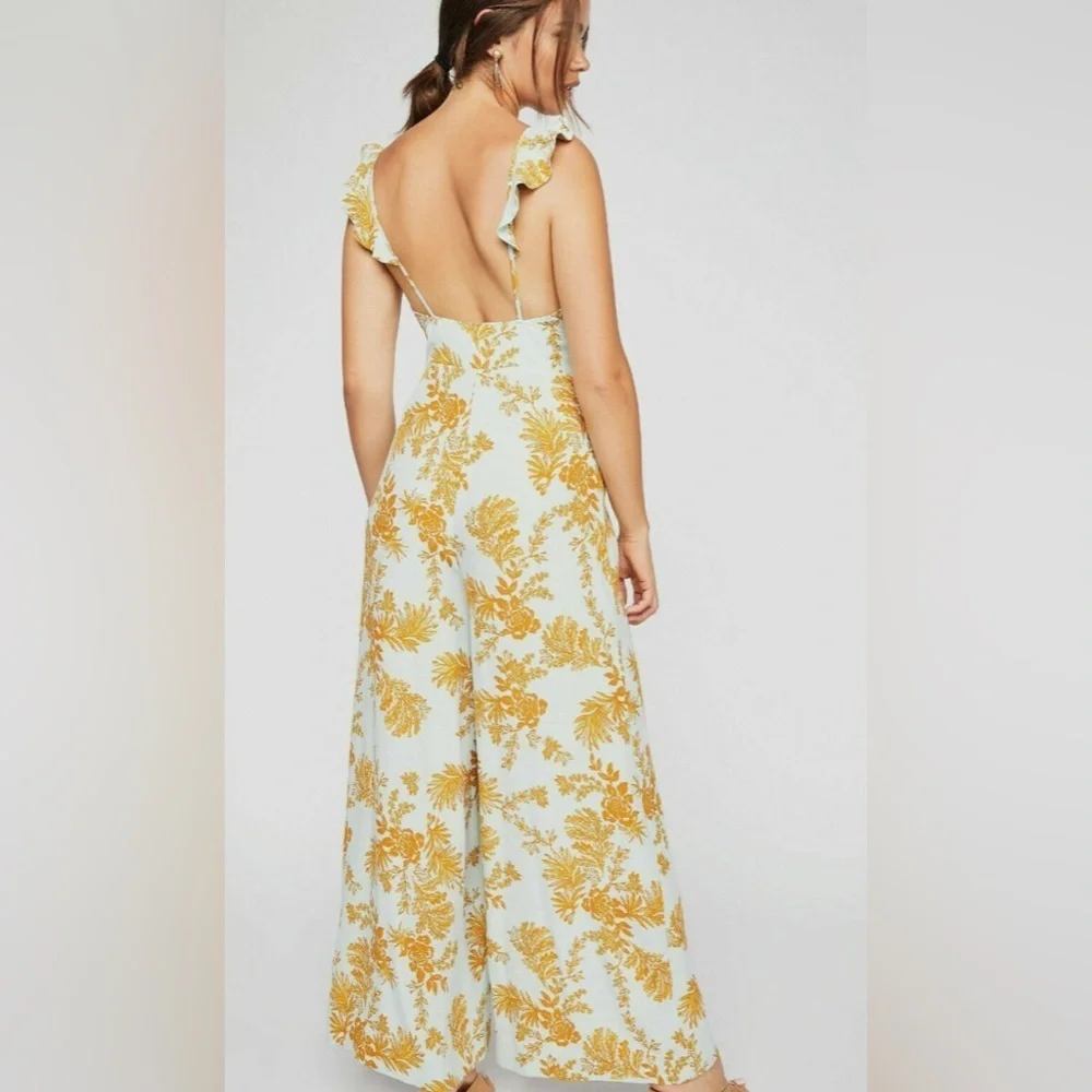 Free People Be The One Jumpsuit | Size 2 | Pale Blue-Green with Rust Floral - Picture 3 of 14